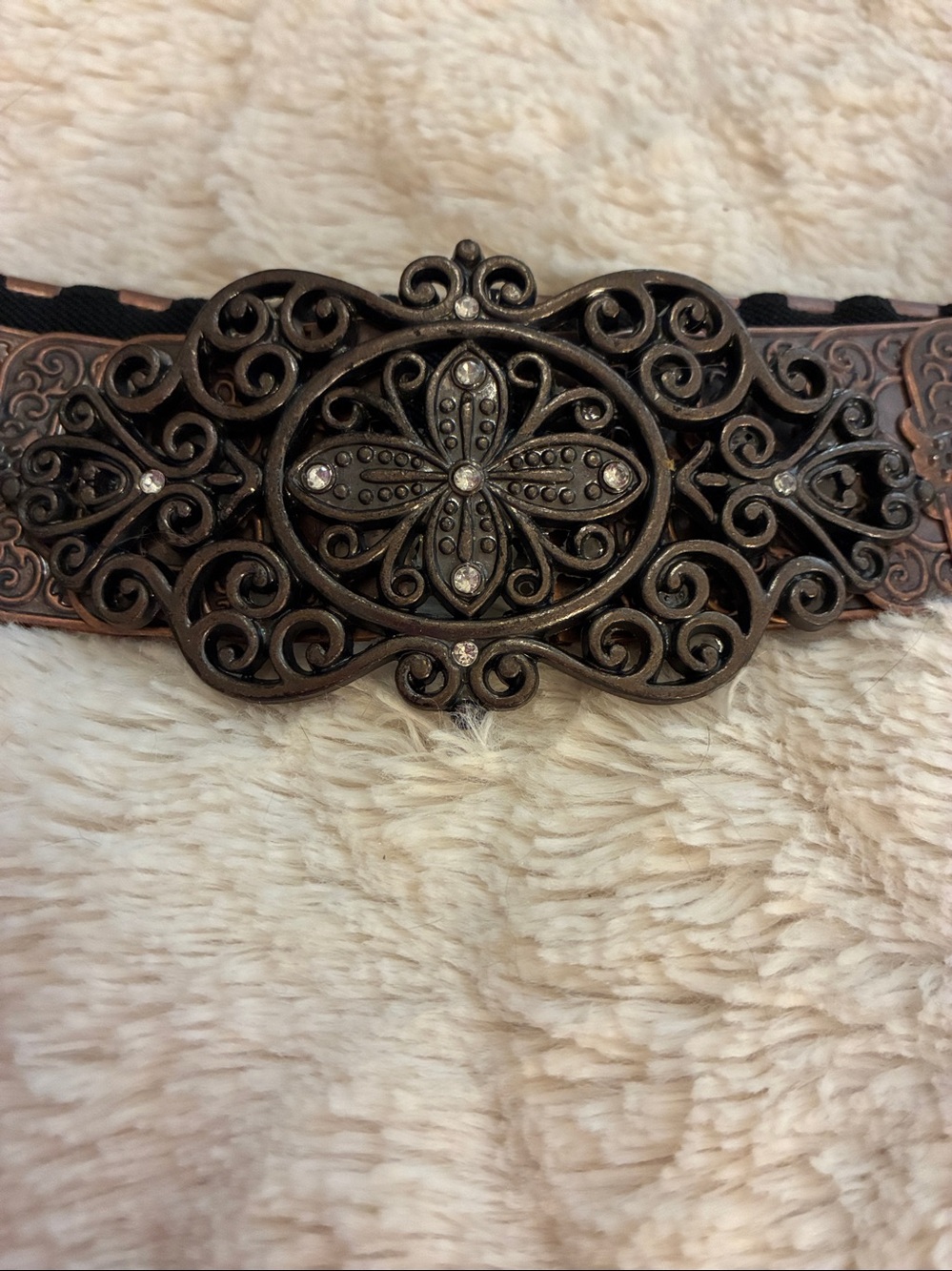 Ornate Filigree Belt with Rhinestone Accents - Metallic Bronze/Black